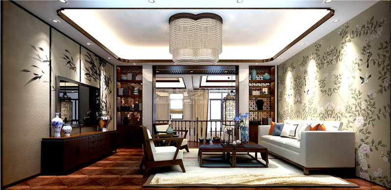 港龍小區(qū)300平新中式客廳裝修設計效果圖