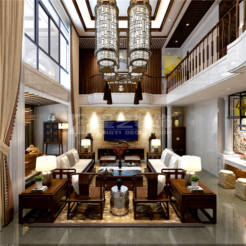 港龍小區(qū)300平新中式客廳裝修設計效果圖