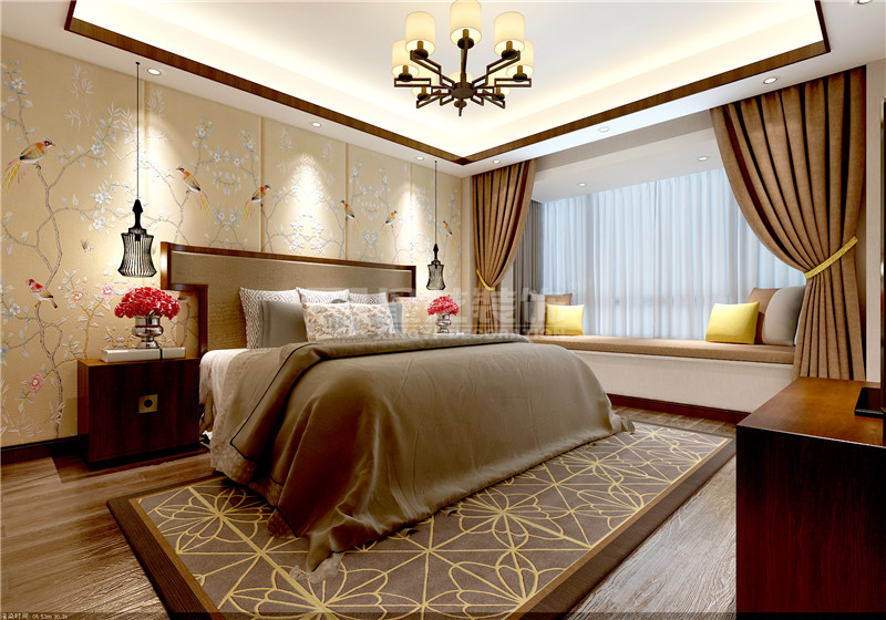 港龍小區(qū)300平新中式臥室裝修設計效果圖