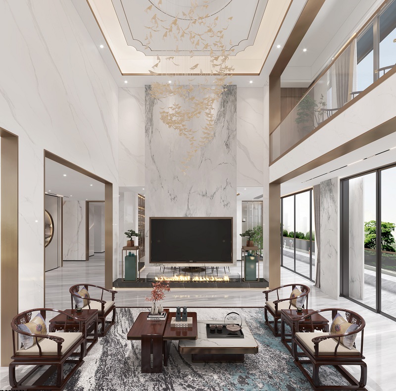 冠江墅1200平新中式風格客廳裝修效果圖