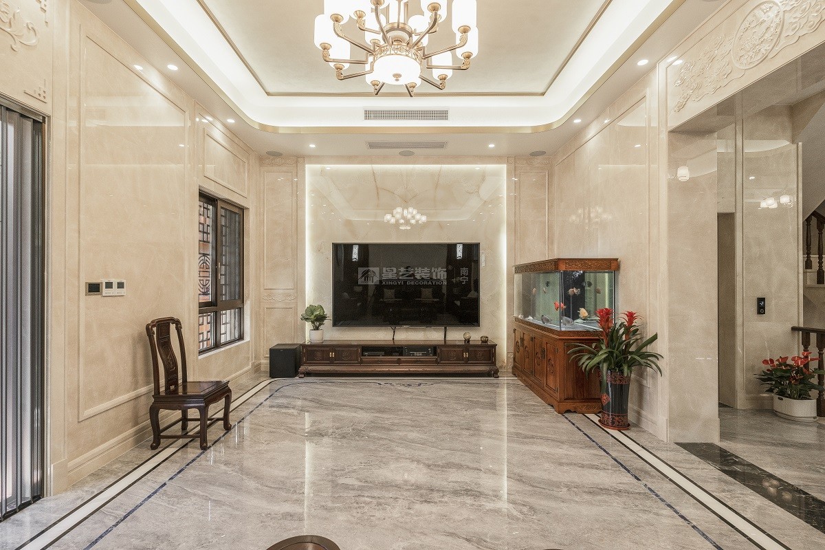 冠江墅 800平新中式客廳裝修實景